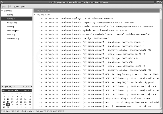 Ubuntu Hacks. Окно программы System Log Viewer