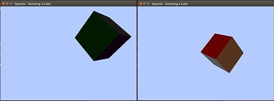 Графический вывод приложения на основе исходного кода из файла rotateCube.cc