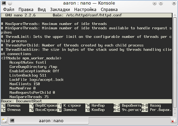 Поиск в редакторе nano
