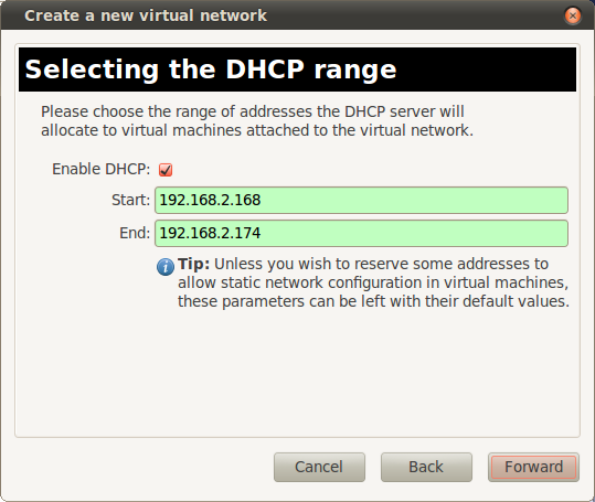 задание диапазона адресов для dhcp