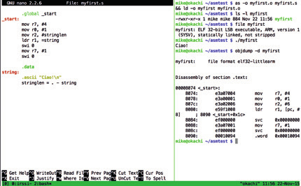 В данном случае мы зашли в установленную на Raspberry Pi систему по протоколу SSH, запустили программу Tmux для разделения экрана, запустили текстовый редактор Nano для редактирования исходного кода и осуществили его ассемблирование.