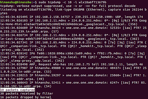 вывод команды tcpdump -c 10 -i wlx18a6f713679b