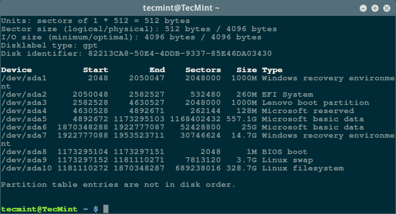 Просмотр диска с помощью fdisk