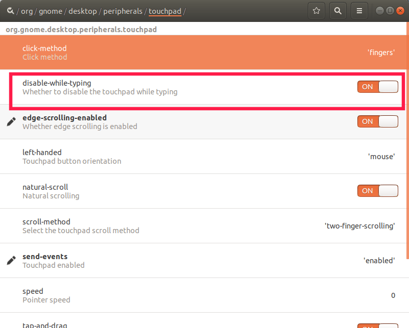 отключение тачпада с помощью dconf-editor